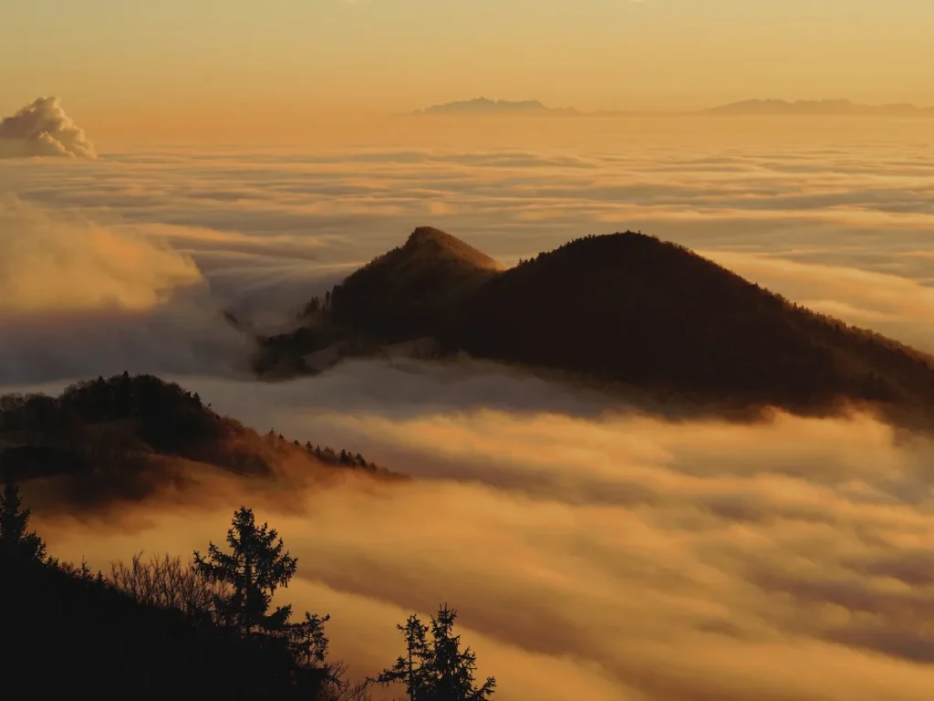 Berggipfel ragen aus einer Nebeldecke, goldenes Morgenlicht – Symbol für Höhen und Tiefen im Leben.
