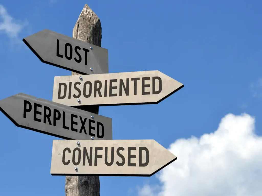 Wegweiser mit vier Schildern vor blauem Himmel, die in verschiedene Richtungen zeigen: Lost, Disoriented, Perplexed, Confused – Symbol für Orientierungslosigkeit und Entscheidungsunsicherheit